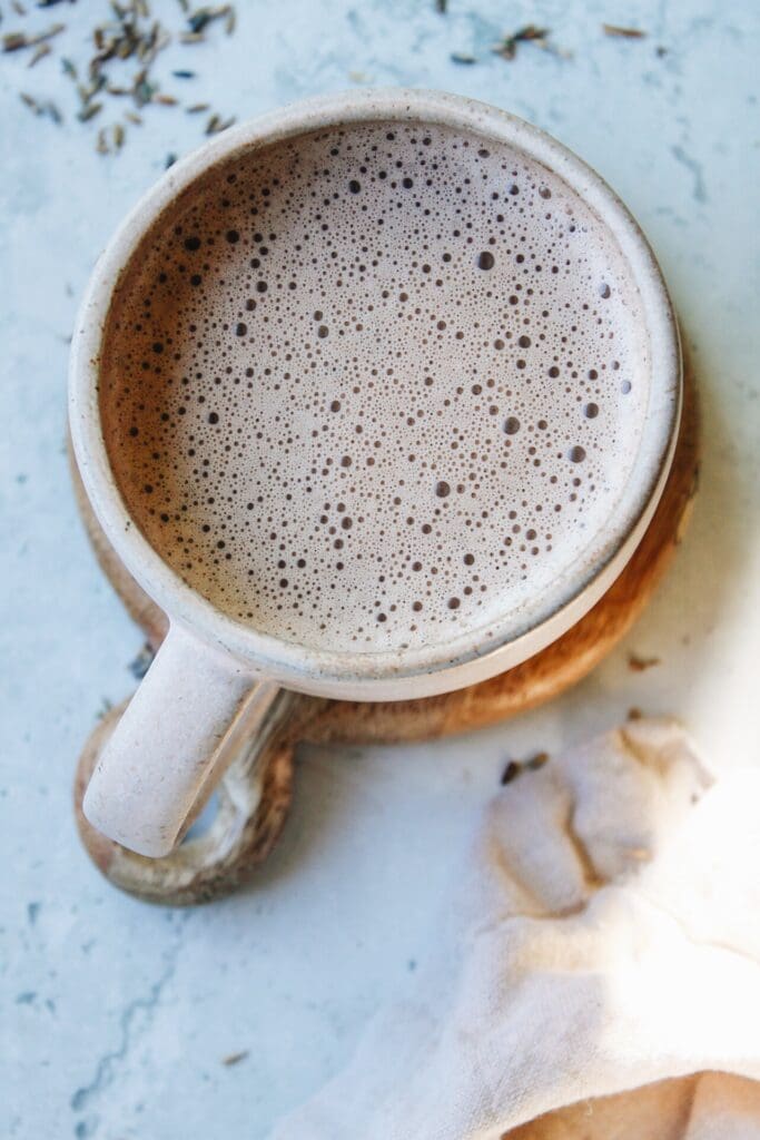 lavender hot chocolate in a blush colored mug