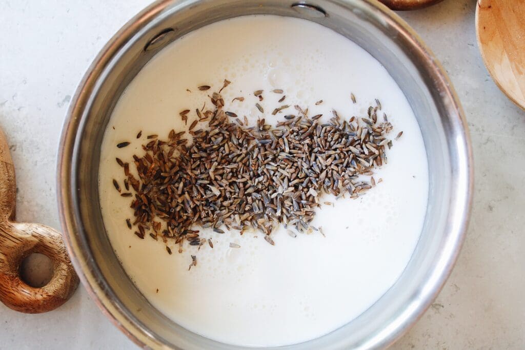 dried lavender and milk in a small pot