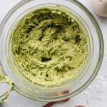 matcha frosting in a mixing bowl