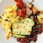 southwest breakfast bowl with black beans, potatoes, eggs, salsa and avocado