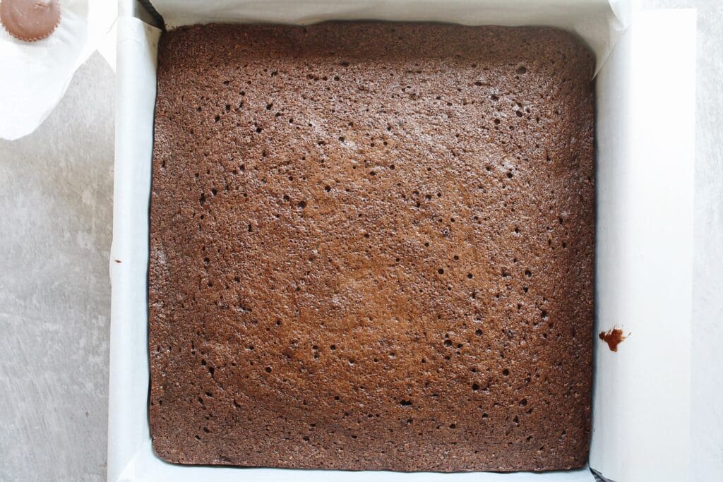 freshly baked brownies in a square baking tin lined with parchment paper