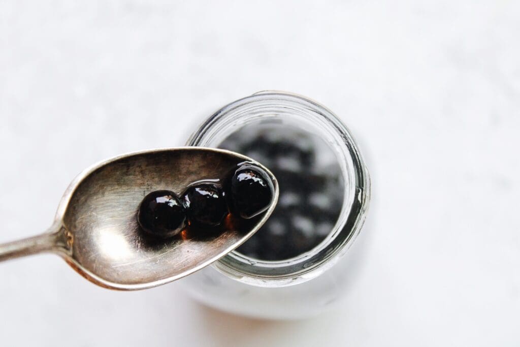close up of tapioca (boba) pearls on a spoon