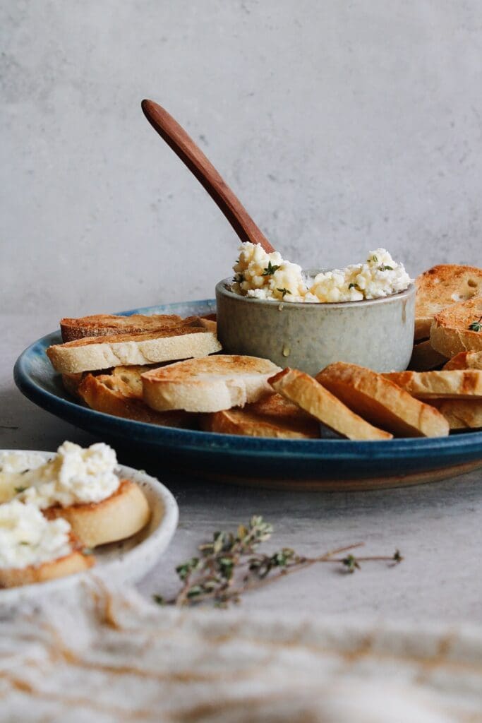 whipped feta and honey in a dip bowl