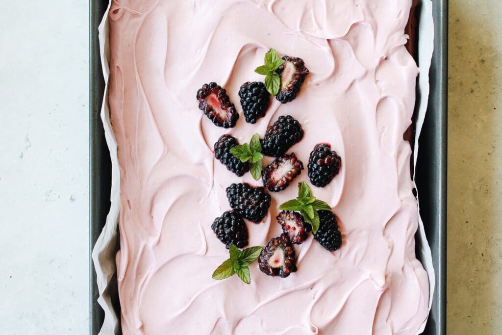 blackberry chocolate cake with blackberry cream cheese frosting 