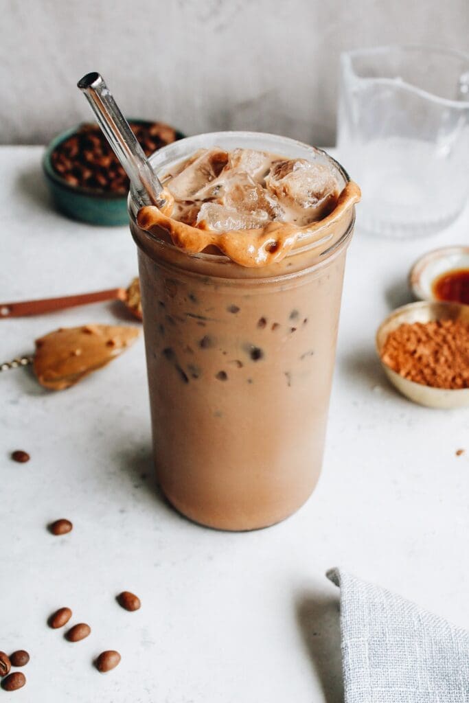iced peanut butter mocha in a glass cup