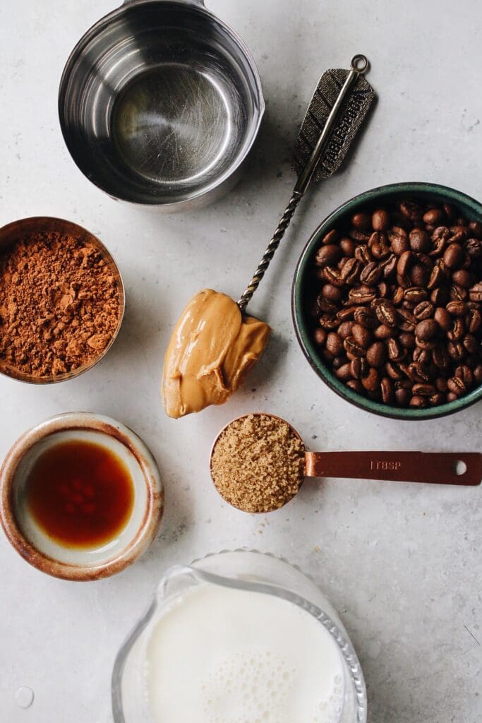 ingredients for peanut butter mocha on a gray background