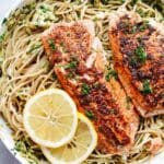 salmon pasta without cream in a skillet