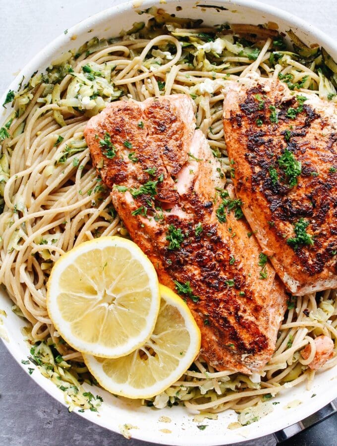 salmon pasta without cream in a skillet