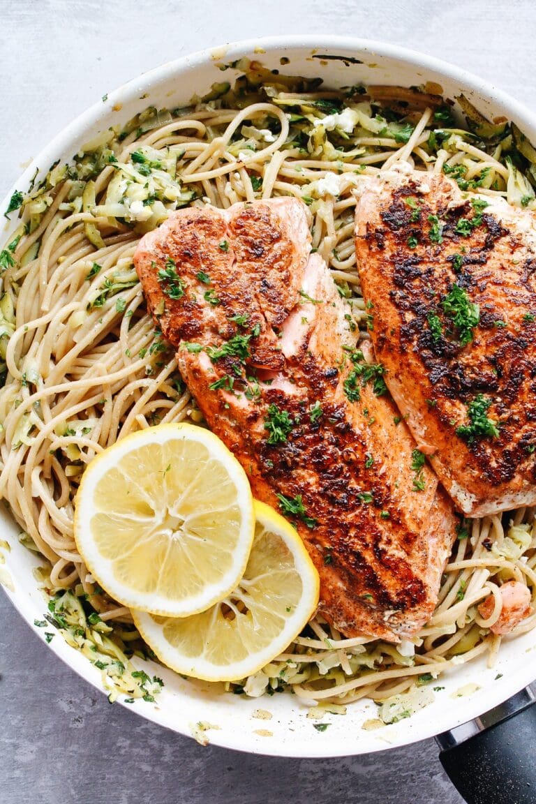salmon pasta without cream in a skillet