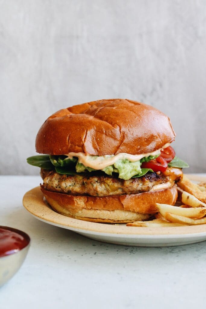 southwest chicken burger on a plate with french fries