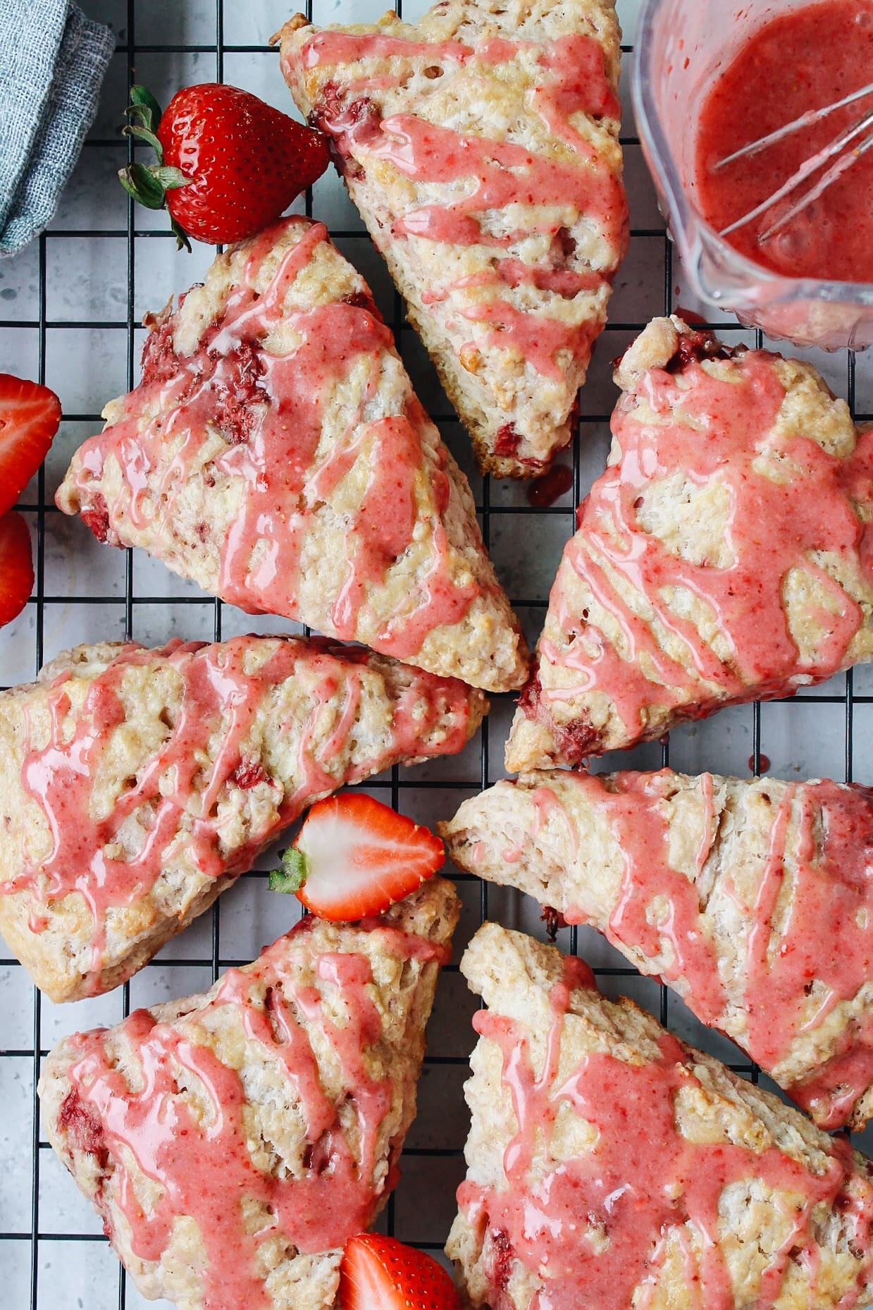 strawberry buttermilk scones on a wire cooling rack