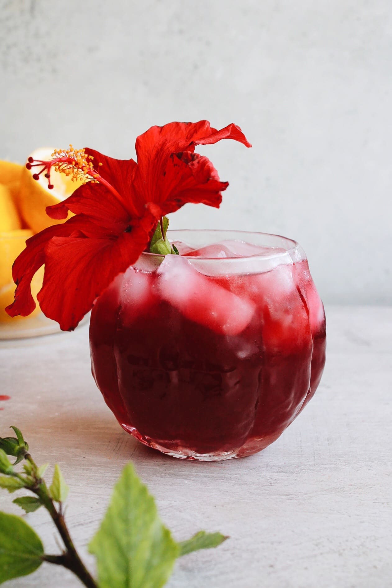 glass of hibiscus lemonade with a hibiscus flower in it
