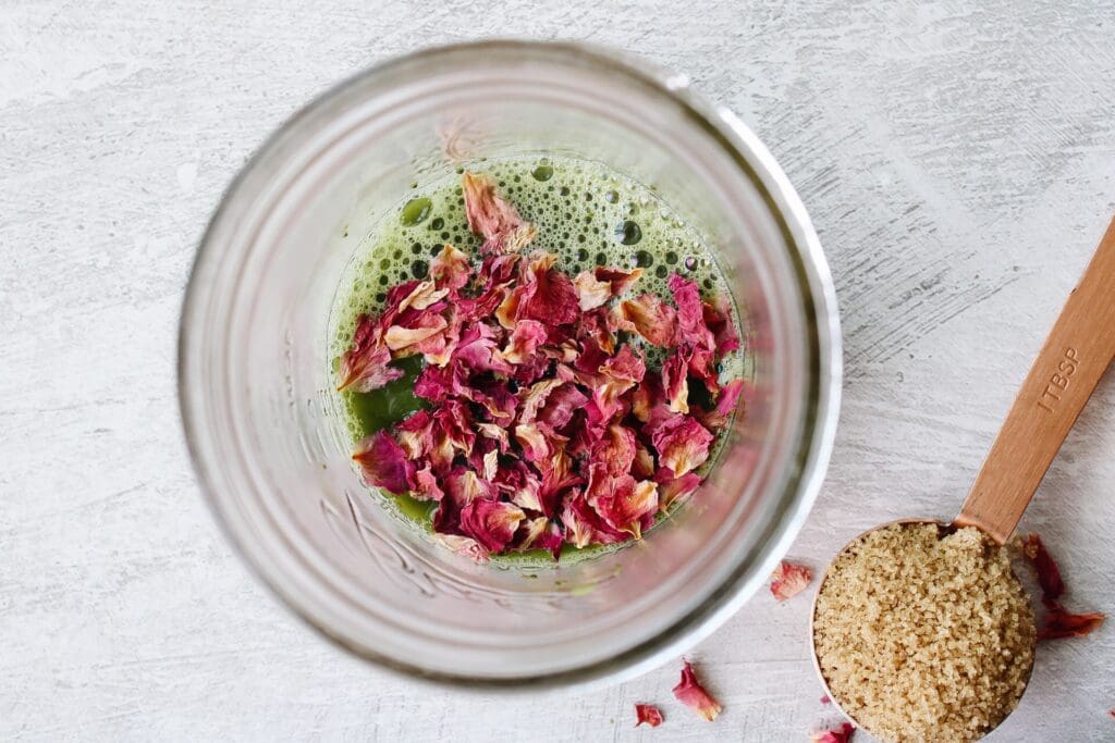 dried rose petals steeping in matcha