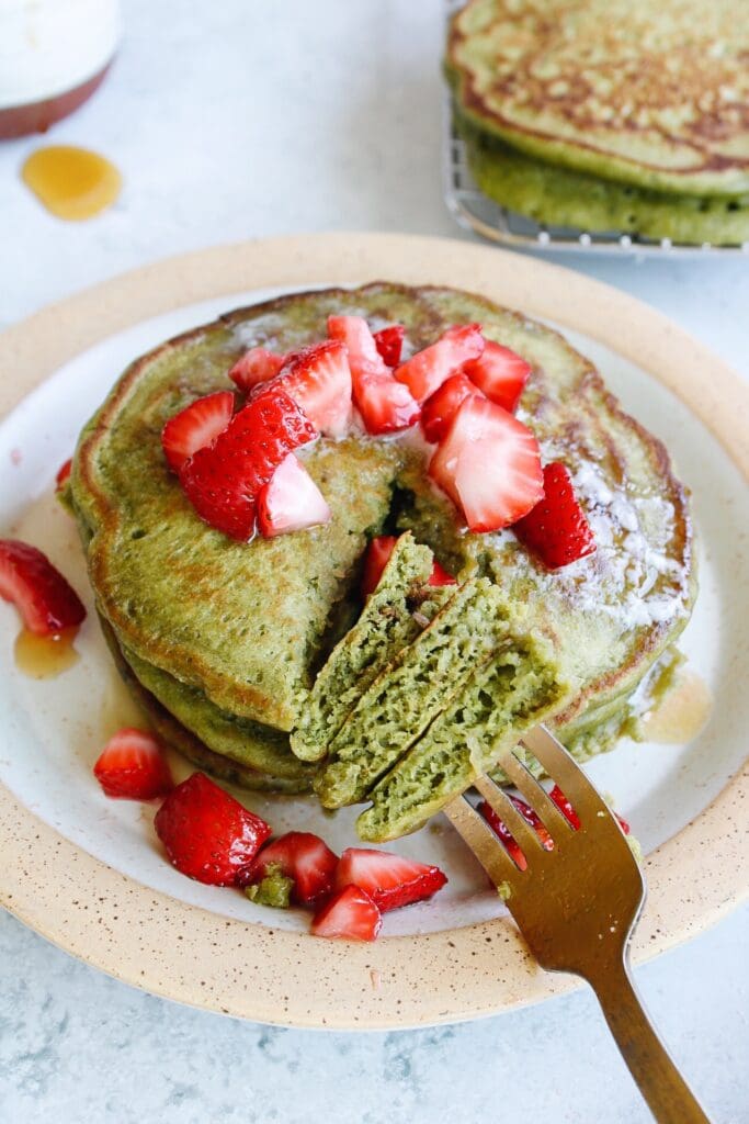 matcha pancakes with fresh strawberries