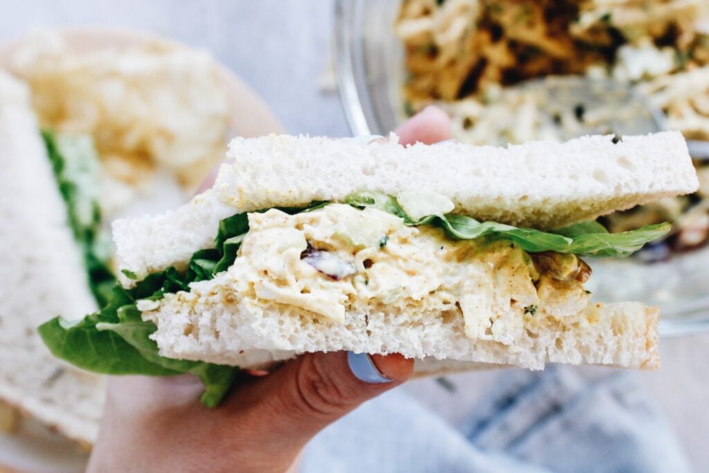 curry chicken salad on a sandwich