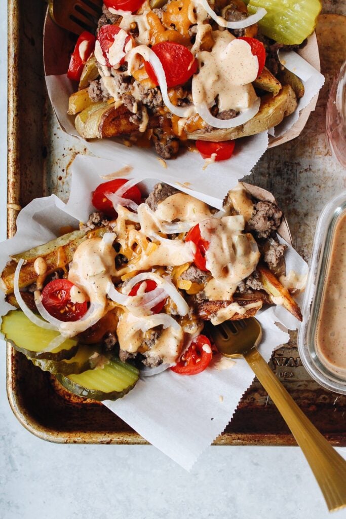 cheeseburger fries on a baking tray