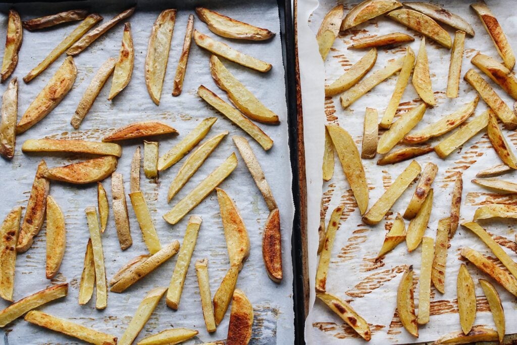 oven fries on a baking sheet after baking