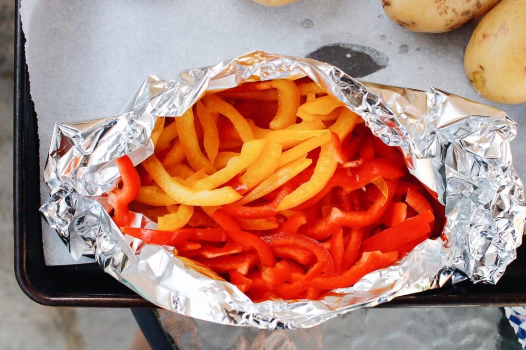 sliced bell peppers in a pack of foil