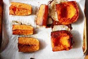 roasted butternut squash on a baking sheet