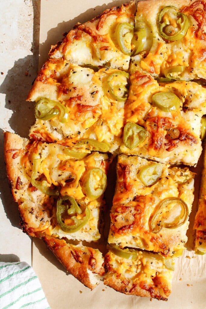 jalapeno cheddar focaccia cut into squares