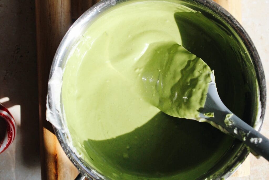 matcha white chocolate melted in a pot