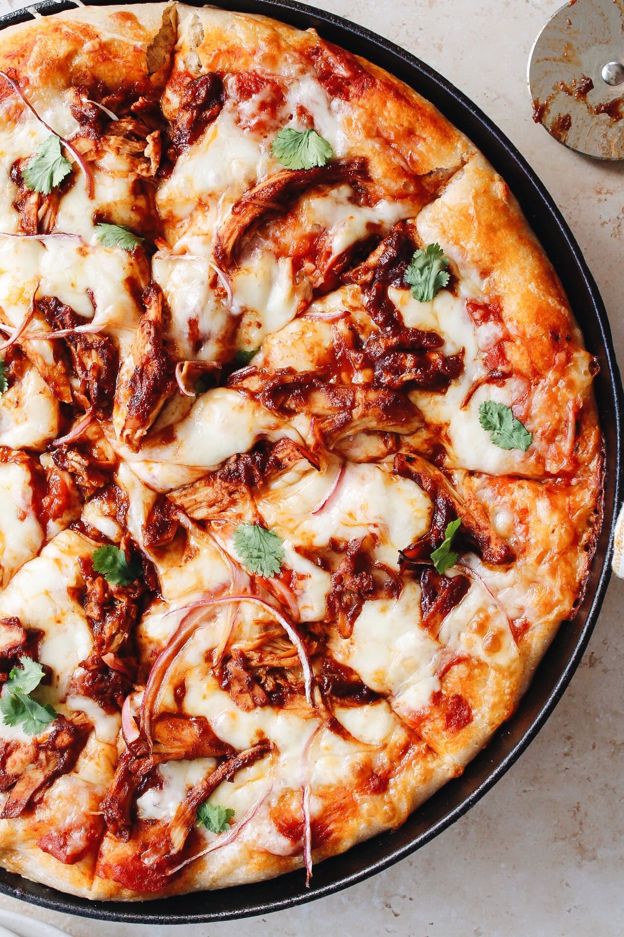 BBQ Chicken pizza with red onion and cilantro